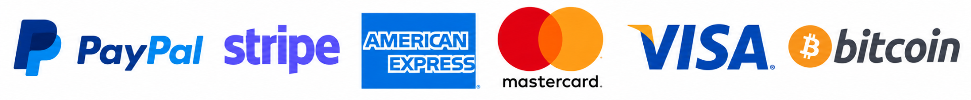 PayPal, Stripe, American Express, Mastercard, Visa, Bitcoin