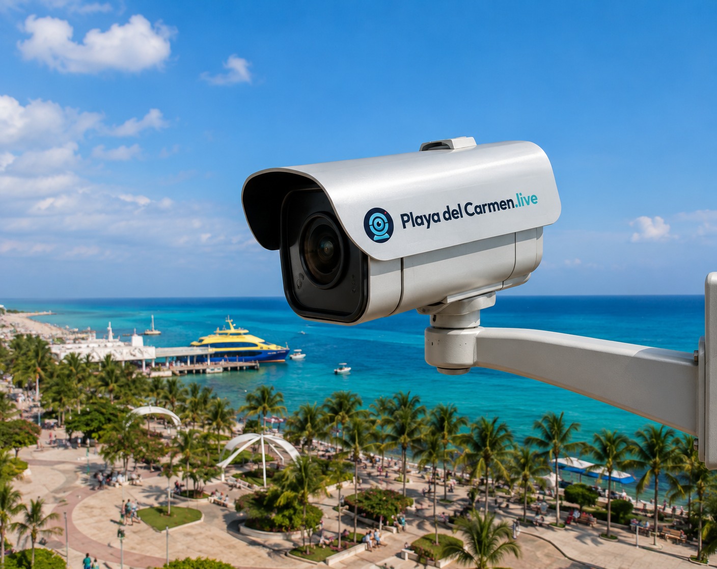 Cámara web LIVE instalada frente al mar en un beach club de Playa del Carmen